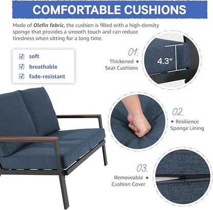 Soleil Jardin Aluminum Patio Furniture Loveseat, Outdoor 2 Seats Sofa Couch with FSC Certified Solid Wood Top, Outdoor Conversation Set Deep Seating Loveseat w/Removable Cushion, Denim Blue