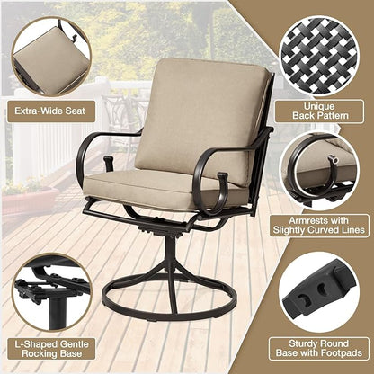 MELLCOM Patio Swivel Chair Set of 2, Heavy Duty Outdoor Dining Chairs with Thickened Cushions, Metal Patio Chairs Gentle Rocker for Outside, Khaki