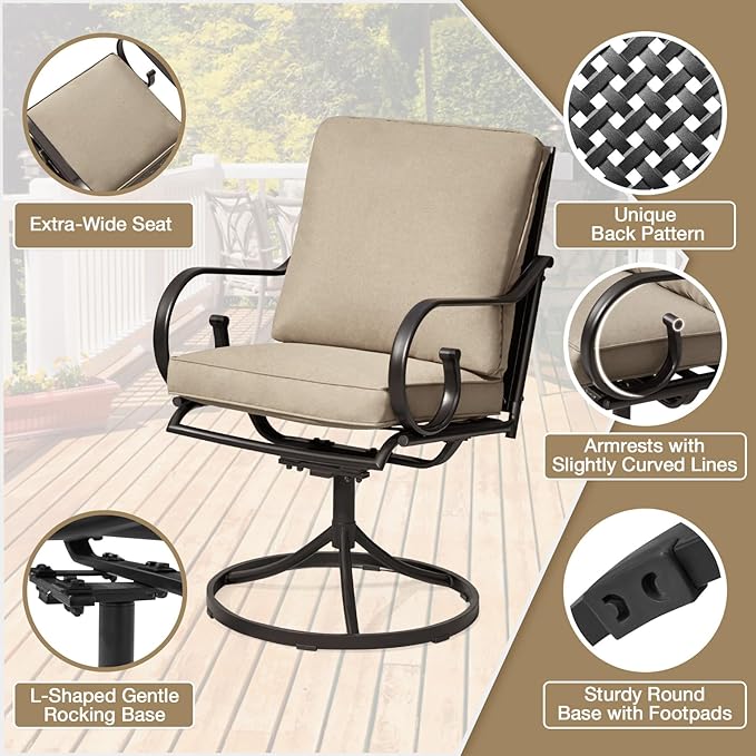MELLCOM Patio Swivel Chair Set of 6, Heavy Duty Outdoor Dining Chairs with Thickened Cushions, Metal Patio Chairs Gentle Rocker for Outside, Garden Lawn & Porch, Backyard, Khaki