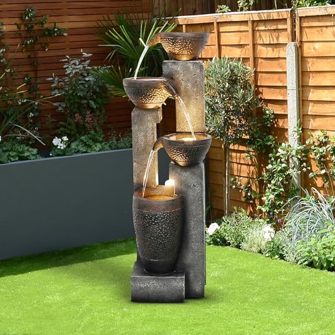 Outdoor Garden Water Fountain-Indoor Polyresin Waterfall Floor-Standing Fountains with LED Lights for Garden, Patio, Deck, Porch, Yard Art Decor (40inch)