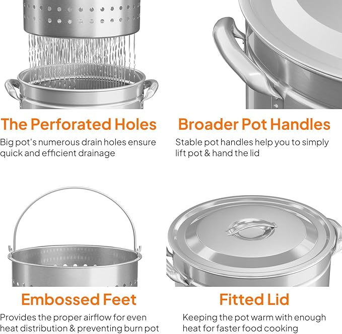 Bonnlo 50QT Turkey Fryer Pot with Steamer Basket, Lid & Lifting Hook, Stainless Steel Seafood Boil-Pot for Lobster, Crab & Shrimp, Heavy-Duty Deep Stockpot for Outdoor Boiling, Cooking & Frying