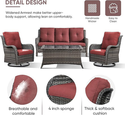 Patio Furniture 4 Piece Set, All-Weather PE Wicker Outdoor Set with Coffee Table, Swivel Rocker Chairs and Sofa, Grey/Green