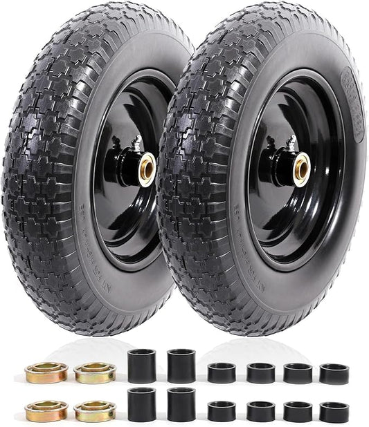 MZREXN 14.5" Wheelbarrow Tire Flat-Free 3.00/3.25/3.50/4.00-8" Solid Tire and Wheel with 3"-7" Centered Hub, 3/4" & 5/8" Bearings Replacement for Hand Truck/Dolly/Utility Cart/Garden Cart 2PCS Black