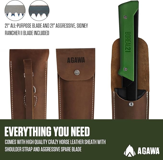 AGAWA - BOREAL21 Backwoods Kit - Includes 21" Folding Saw, Leather Sheath, 21" All-Purpose & 21" Aggressive Saw Blade - For Camping, Hunting & Survival Kit (Black Frame/Green Handle)