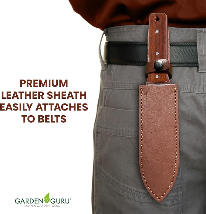 Garden Guru Hori Hori Garden Knife Supreme Set for Weeding, Digging, Pruning, and Cultivating - Stainless Steel Full Tang Blade | Marks for Measuring Planting Depth | Premium Leather Sheath (2 Pack)