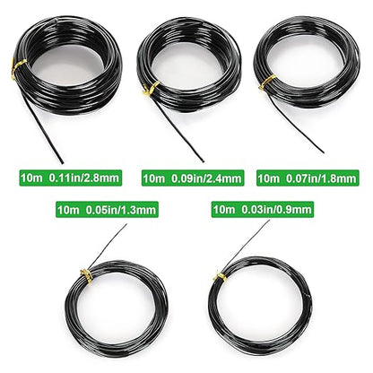 CertBuy 5 Roll Bonsai Wire 5 Size - 1.0MM, 1.5MM, 2.0MM, 2.5MM, 3.0MM Black Anodized Aluminum Bonsai Training Wire 160 Feet Total Length with Wire Cutter (Single roll Length 32 Feet)
