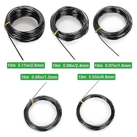 CertBuy 5 Roll Bonsai Wire 5 Size - 1.0MM, 1.5MM, 2.0MM, 2.5MM, 3.0MM Black Anodized Aluminum Bonsai Training Wire 160 Feet Total Length with Wire Cutter (Single roll Length 32 Feet)