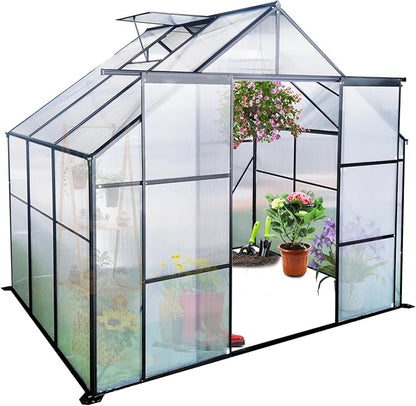 Favfurish 8X6 FT Greenhouses for Outdoors,Double Sliding Door Polycarbonate Greenhouse,Heavy Duty Walk-in Greenhouse, Drainage System & Galvanized Frame for Garden Backyard, Black