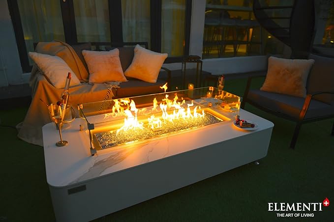 Elementi+ | Bundle Athens Gas Fire Pit | Concrete Body & Marble Porcelain Top | 62" Rectangular Fire Table | Electronic Ignition | Canvas Cover, Fire Glass, Burner Lid & More | White | Natural Gas