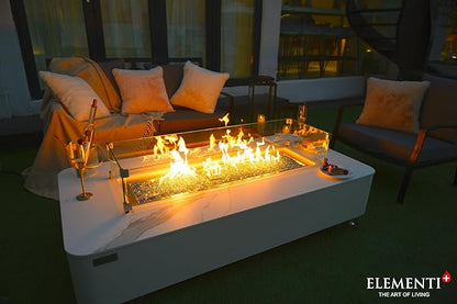 Elementi+ | Bundle Athens Gas Fire Pit | Concrete Body & Marble Porcelain Top | 62" Rectangular Fire Table | Electronic Ignition | Canvas Cover, Fire Glass, Burner Lid & More | White | Natural Gas