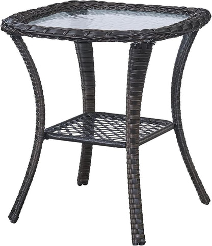 Outdoor Side Table, Brown Rattan Wicker Patio Side Table, Patio End Table, Small Outdoor Side Table with Glass Tabletop and Storage Shelf (Brown)
