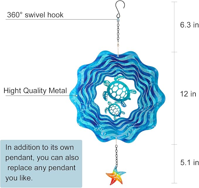 Sea Turtle Hanging Wind Spinners - 12 Inch 3D Kinetic Outdoor Large Metal Wind Spinner Blue Wave and Turtle Pattern with Starfish Pendant for Yard and Garden Decoration Laser Cut Sculpture Art