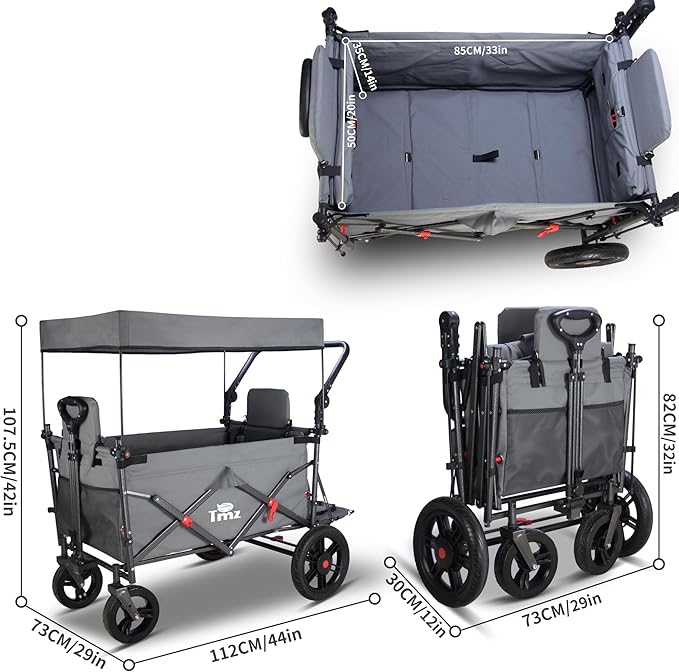 TMZ Collapsible Foldable Wagon Cart with Quick-Release Wheels and 2 Seats, Heavy Duty Wagon 265LBS Load Capacity for Camping Garden Shopping (Grey)
