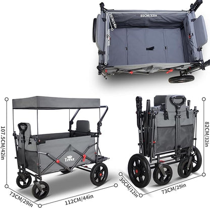 TMZ Collapsible Foldable Wagon Cart with Quick-Release Wheels and 2 Seats, Heavy Duty Wagon 265LBS Load Capacity for Camping Garden Shopping (Grey)