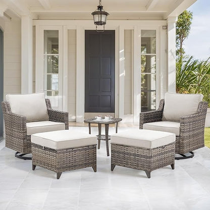 Patio Furniture Set, 5 Piece Outdoor Patio Furniture with Swivel Rocking Chairs, Side Table, Rattan Ottomans, Comfy Cushions, Conversation Sets for Garden Porch Deck Backyard