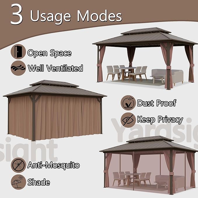 12'x14' Hardtop Gazebo, Outdoor Aluminum Frame Galvanized Steel Double Roof Pavilion with Netting and Shaded Curtains, Permanent Metal Pergolas for Patio, Backyard, Deck and Lawns.