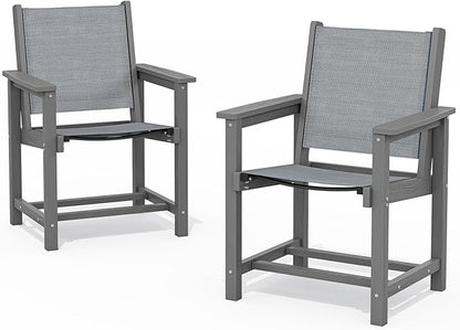 SERWALL Textilene Outdoor Dining Chair Set of 2, HDPE Frame with Textile Chair Seat, Holds up to 300 LBS, All Weather Resistant Chairs for Lawn, Garden, Yard and Poolside, Gray, Grey