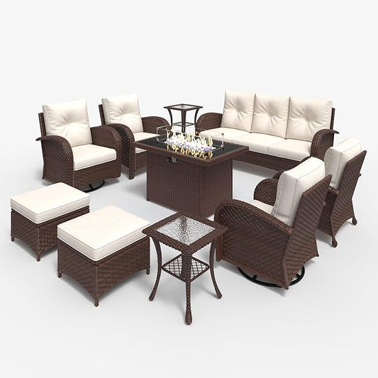 LayinSun 10 Pieces Outdoor Patio Furniture Set with Fire Pit Table, Rattan Wicker Sectional Swivel Rocker Chairs Sets
