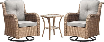 Outdoor Patio Swivel Rocker Chairs - 3 Piece Patio Bistro Set,Wicker Patio Furniture Set with 2 Swivel Rocking Chairs and 1 Glass Top Side Table for Deck Porch Garden,Yellow/Beige
