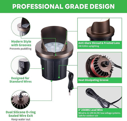 Well Lights Low Voltage, 12V In Ground LED Landscape Lights, IP67 Waterproof Outdoor, Hood Top Aluminum ORB for Garden Tree 6W 420LM 12 Pack
