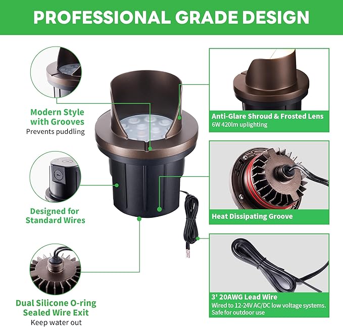 Low Voltage Well Lights LED, 12V in-Grade Landscape Lights, Outdoor IP67 Waterproof, 6" Wired Shielded Top Aluminum ORB for Path Yard 6W 420LM 10 Pack