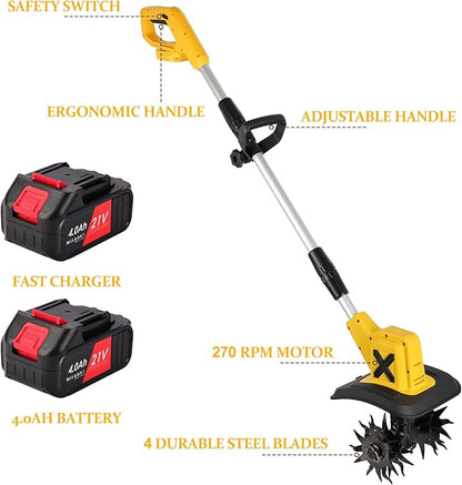 Cordless Electric Tiller, 270RPM High Speed Cordless Tiller, with 2 * 4.0Ah /21V Batteries & Charger, 9In Tilling Width and 6.6In Depth Garden Rototiller for Lawn/Gardening/Soil Cultivation