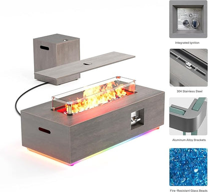 42" Outdoor Fire Pit Table, 50,000 BTU Gas Fire Pit with Glass Wind Guard, Fire Stones, Waterproof Cover, Propane Fire Pit Table for Outside Patio (RGB Light, Brown)