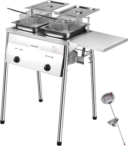 HOMIRA Stainless Steel Two-Tank Propane Deep Fryer with Thermometer, 2 Stainless Steel Baskets and Lids Fish Fryer with Adjustable Temperature Regulator, Outdoor Dual Fryer for Frying