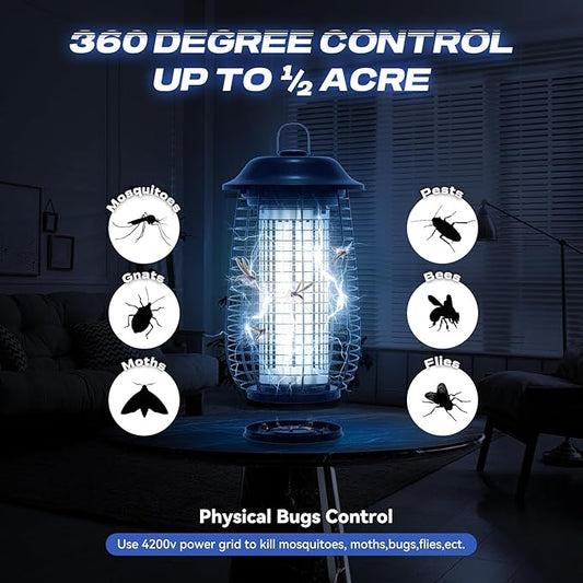 Bug Zapper Indoor & Outdoor, 4200V Electric Mosquito Zapper, 10 Years Lifespan, 6.5ft Power Cord, Waterproof, Fly Trap Mosquito Trap, Fly Killer Fly Zapper for Home, Patio, Kitchen, Backyard, Camping