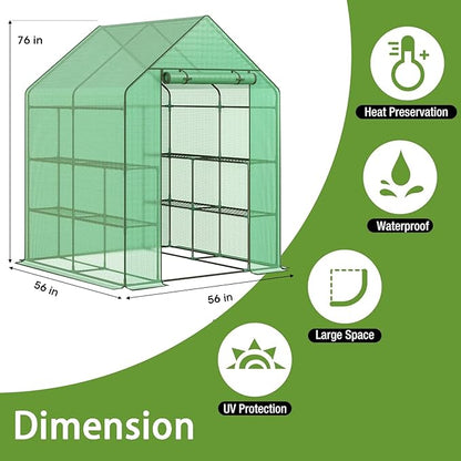 Greenhouse, 56 x 56 x 76'' Heavy Duty Greenhouses for Outdoors, Green House with Roll-Up Door Thicken PE Cover, Portable Walk-in Green Houses for Outside with 3 Tier 8 Shelves