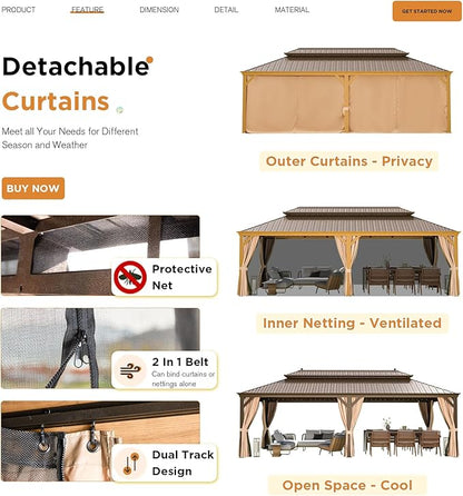 EROMMY 12'x24' Hardtop Gazebo, Galvanized Steel Double Roof with Wood Grain Aluminum Frame, Outdoor Gazebo with Curtains and Nettings for Patio, Backyard and Deck