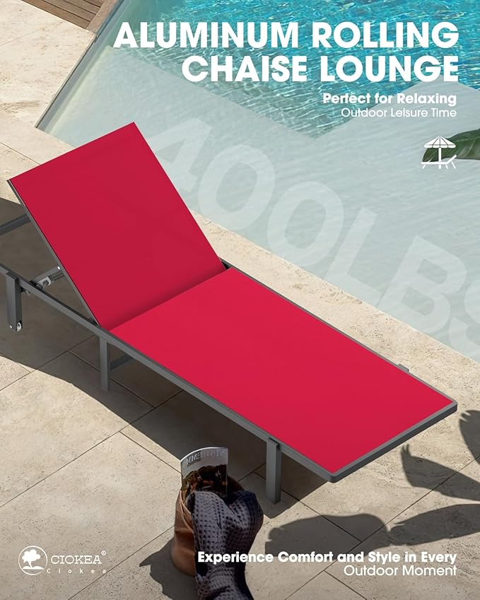 Aluminum Chaise Lounge Chair Outdoor with Wheels, Patio Lounge Chair with Adjustable 5-Position Recliner and Full Flat Tanning Chair for Patio, Beach, Pool, Red