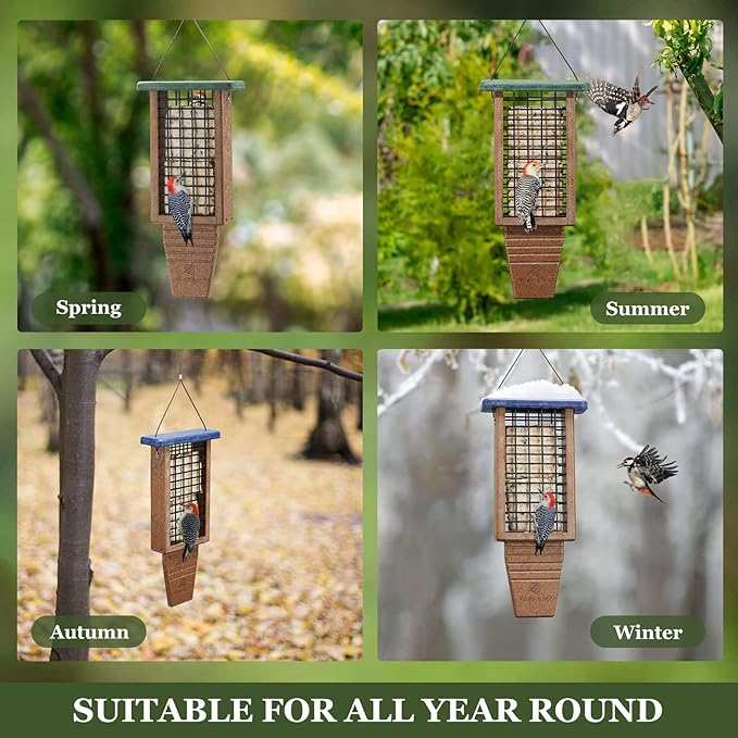 Kingsyard Recycled Plastic Suet Bird Feeder, Double Capacity Tail-Prop Suet Feeder for Outside Hanging, Sturdy & Durable, Great for Woodpecker & Clinging Birds, Blue