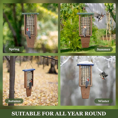 Kingsyard Recycled Plastic Suet Bird Feeder, Double Capacity Tail-Prop Suet Feeder for Outside Hanging, Sturdy & Durable, Great for Woodpecker & Clinging Birds, Blue
