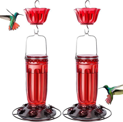 Kingsyard 2 Pack Glass Hummingbird Feeder for Outdoors, 16 Oz Wild Bird Feeder with 6 Feeding Ports Hanging for Garden Yard, Red (Ant Moat Included)