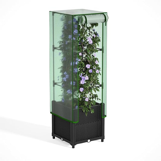 Onelike 16'' x 16'' x 55.5'' Plastic Raised Garden Bed with Greenhouse Cover and Trellis, Vertical Tomato Planters for Climbing Plants, Self Watering System Tomatoes Cage for Patio,Black,Small