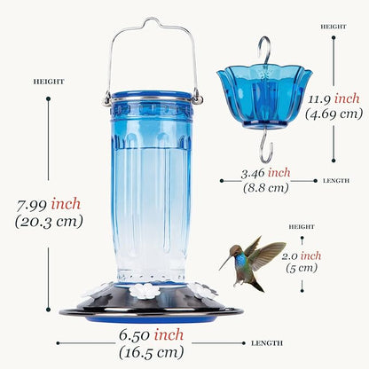 Kingsyard Glass Hummingbird Feeder for Outdoors Wild Bird Feeder with 6 Feeding Ports Hanging for Garden Yard, Blue (Ant Moat Included)