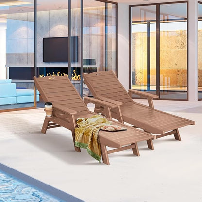 nalone Chaise Lounge Outdoor with 5-Position Adjustable Backrest & Cup Holder, HDPE Lounge Chair for Outside Supports Up to 400 LBS, Pool Lounge Chairs for Patio Poolside Deck Beach Backyard (Teak)