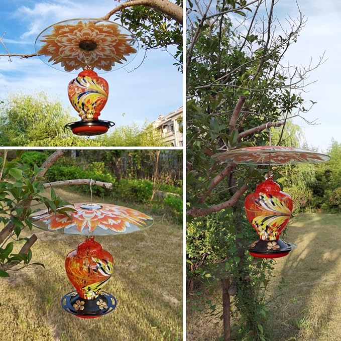 13" Glass Rain Guard for Bird Feeder Outdoors - Baffle on Shepherd Pole/Post or S Hook Hanging - Large Weather Guard Protective Dome - Dia. 33CM - Flower Daisy
