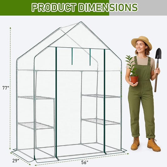 Outvita Walk-in Greenhouse, Outdoor Durable PE Plant Green House for Frost Protection with 3 Tiers 4 Shelves, Shelf Clips, Roll-up Zipper Door, 56"x29"x77" White