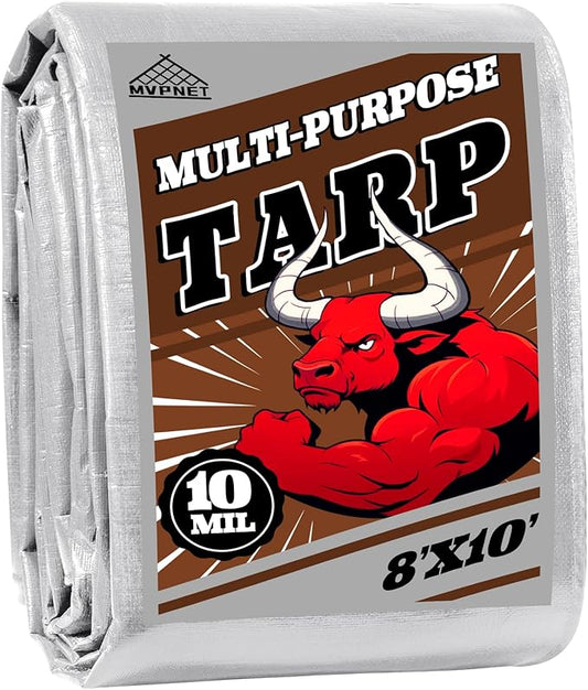 Tarp 8x10 ft Heavy Duty 10mil Silver/Brown 100% Waterproof High Durability Multipurpose Outdoor Tarpaulin,Uv Resistant,for Courtyards,Camping, Canopy, Trailer, Boats, Camping, Etc -by MVPNET
