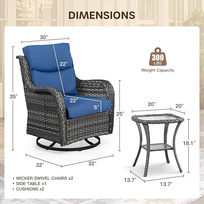 Patio Swivel Chairs with Smile-Shaped Cushions, 3 Piece High Back Patio Swivel Glider Chairs with Side Table 3PCS PE Rattan Luxury Swivel Patio Chair Set | Grey Wicker - Blue Cushions
