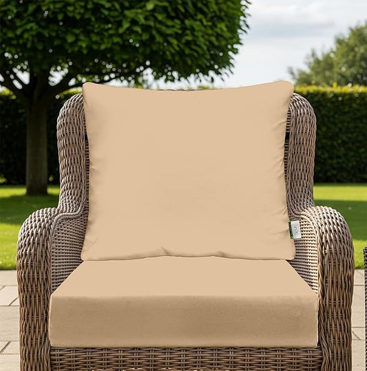 RSH DECOR Deep Seating Cushion with Pillow Back | 23.5” x 25” x 5" Seat | Water and Fade-Resistant Spun Fabric | Made in USA | Outdoor Chair Cushion Set for Patio Furniture (Tan)