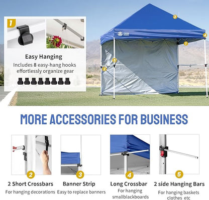CROWN SHADES 10x10 Pop Up Canopy Tent with 1 Comercial Kit, Instant Commercial Tent with Patended Centerlock, 400D Silver Coated Fabric, 1 Sidewall, 4" Wheels, Sto'N Go Bag,Blue