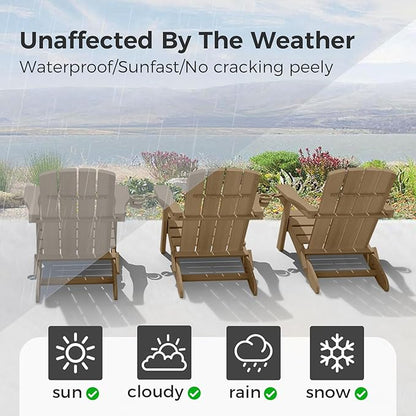 Folding Adirondack Chair Wood Texture 4 Pack, HDPE All-Weather Fire Pit Chairs, Plastic Adirondack Chairs with 2 Cup Holder, Outdoor Lawn Chair for Patio Garden (Teak)