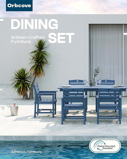 Patio Table and Chairs Set with Umbrella Hole, HDPE Patio Dining Set for 6, Outdoor Dining Set for Lawn, Patio, Porch, Deck, Poolside, Yard (Classic Blue, 7-Piece)