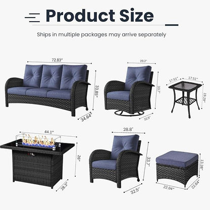 10 Pieces Patio Furniture Sets with Fire Pit Table, Wicker Rattan High Back Outdoor Swivel Rocking Chairs Set with 3-Seat Couch, Ottomans and Side Table