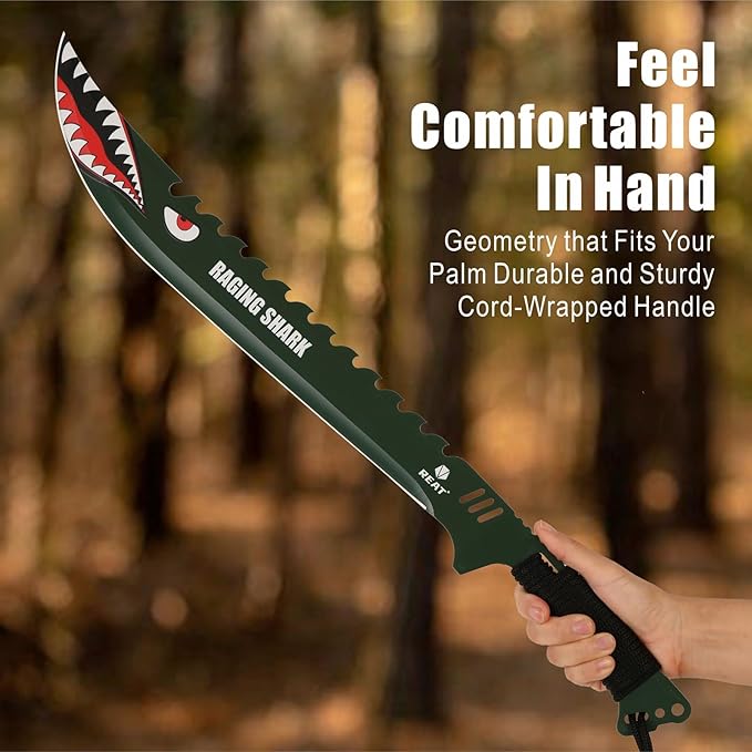 REAT Machete with Sheath, 25.5" Full Tang 420 Stainless Steel Blade with Raging Shark Green Coating,Non-silp Cord-Wrapped Handle for Yard Work, Cutting Trees,Camping