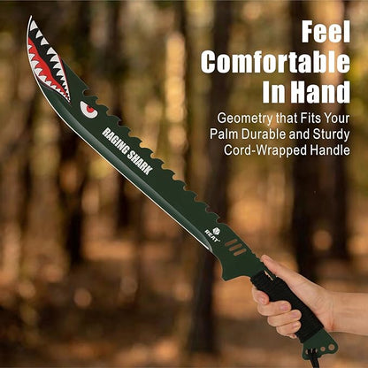 REAT Machete with Sheath, 25.5" Full Tang 420 Stainless Steel Blade with Raging Shark Green Coating,Non-silp Cord-Wrapped Handle for Yard Work, Cutting Trees,Camping