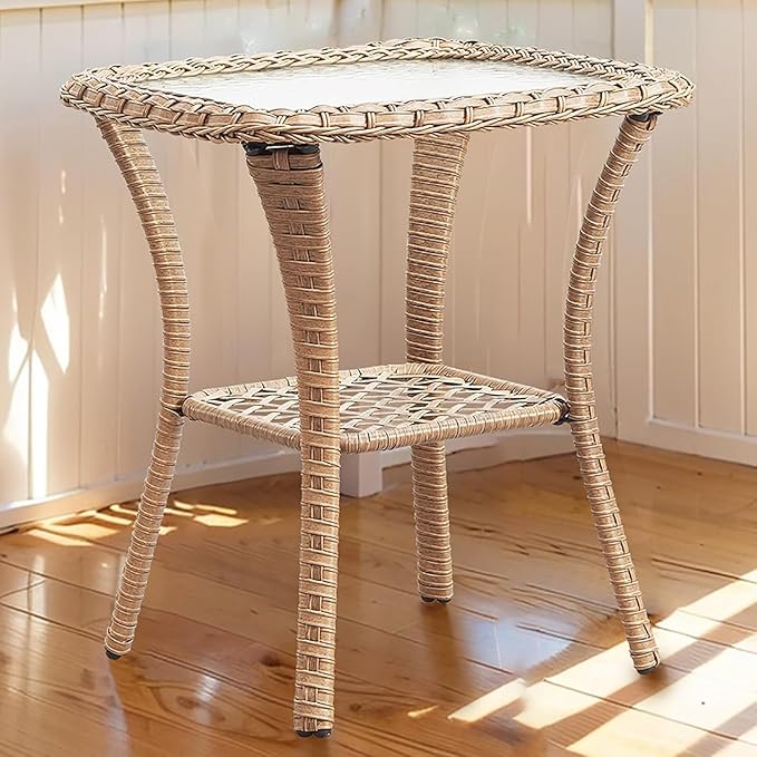 Outdoor Side Tables for Patio, Wicker/Rattan End Tables, Outdoor Wicker Side Table, Yellow Rattan Glass Top Patio Side Table